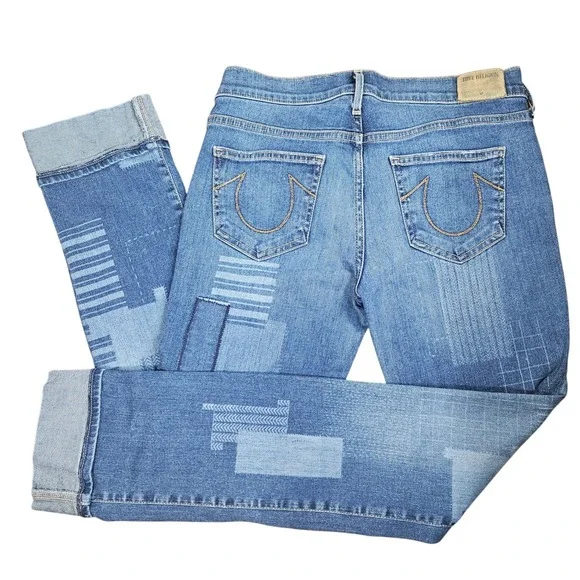 True Religion Cora Mid Rise Straight Leg Patchwork Distressed Denim Jeans 28 USA - Picture 2 of 12